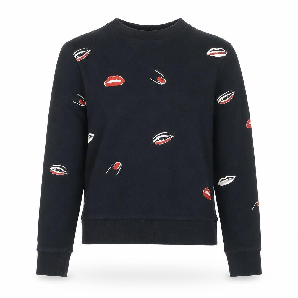 Front view of Cheap Monday women’s black xs pullover sweatshirt with lip print