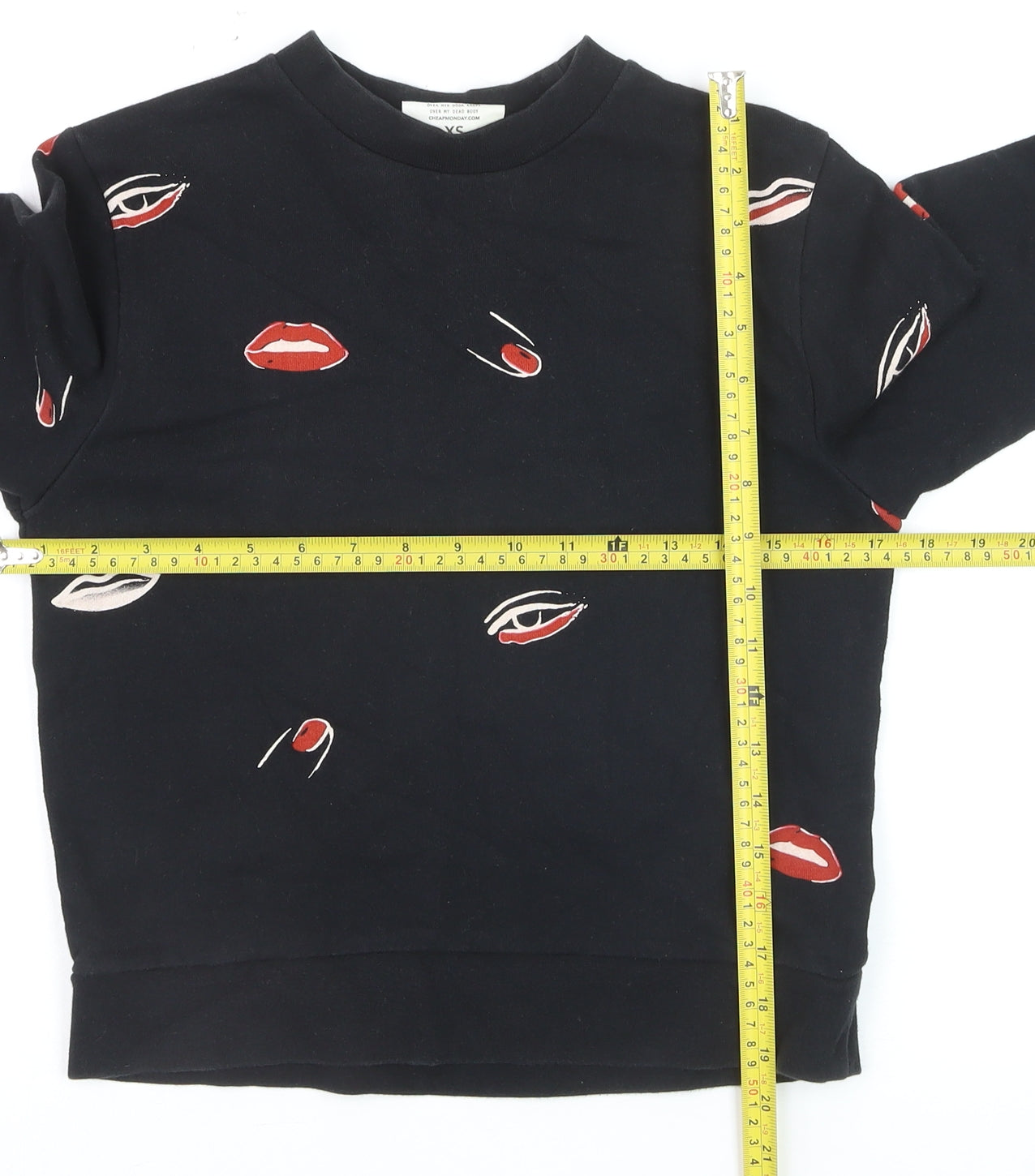 Cheap Monday Womens Black XS Pullover Sweatshirt with Lip Print