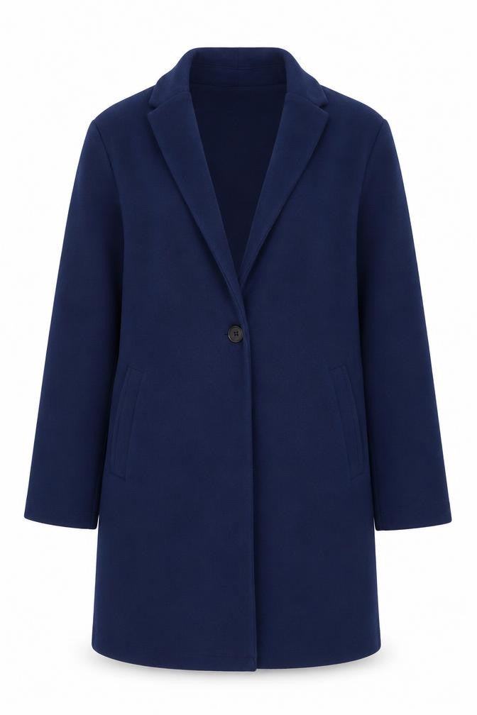 Front view of Dunnes Women's Blue Mid-Length Overcoat, size M, Classic Style