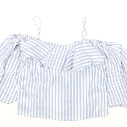 New Look Petite Blue Stripe Off Shoulder Ruffle Blouse Size 10