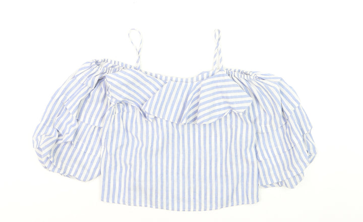 New Look Petite Blue Stripe Off Shoulder Ruffle Blouse Size 10