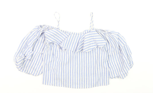 New Look Petite Blue Stripe Off Shoulder Ruffle Blouse Size 10