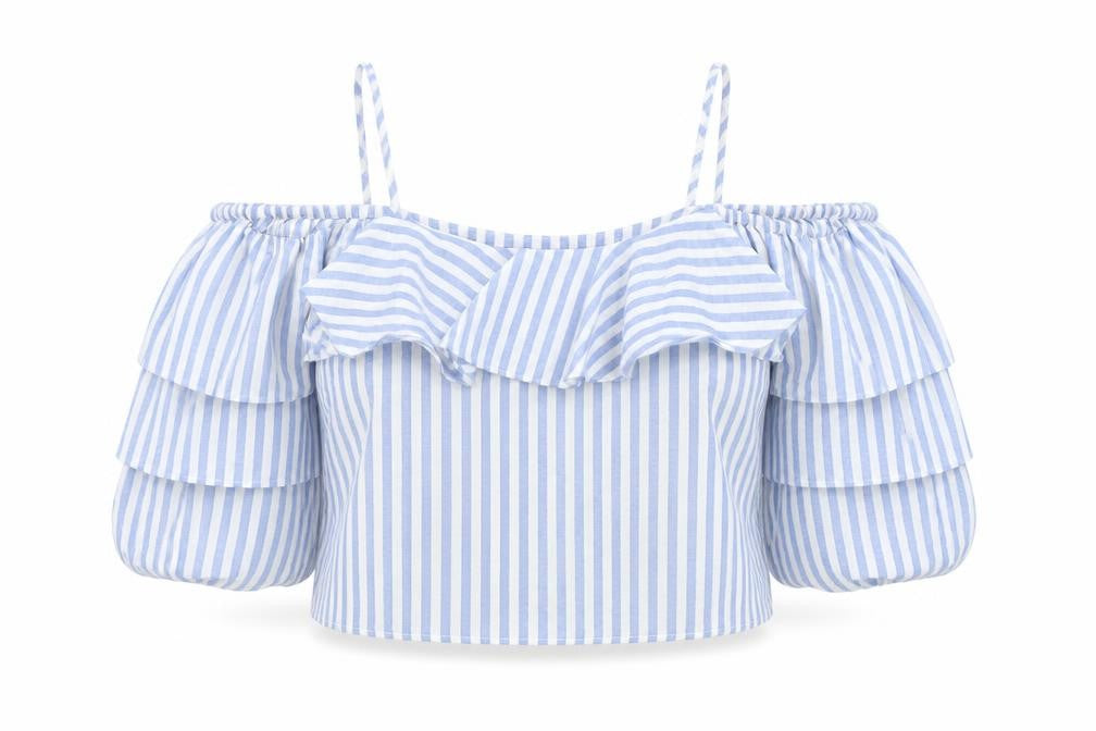Front view of New Look Petite Blue Stripe Off Shoulder Ruffle Blouse, size 10