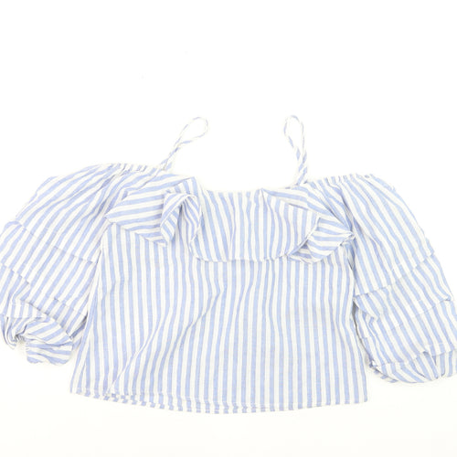 New Look Petite Blue Stripe Off Shoulder Ruffle Blouse Size 10