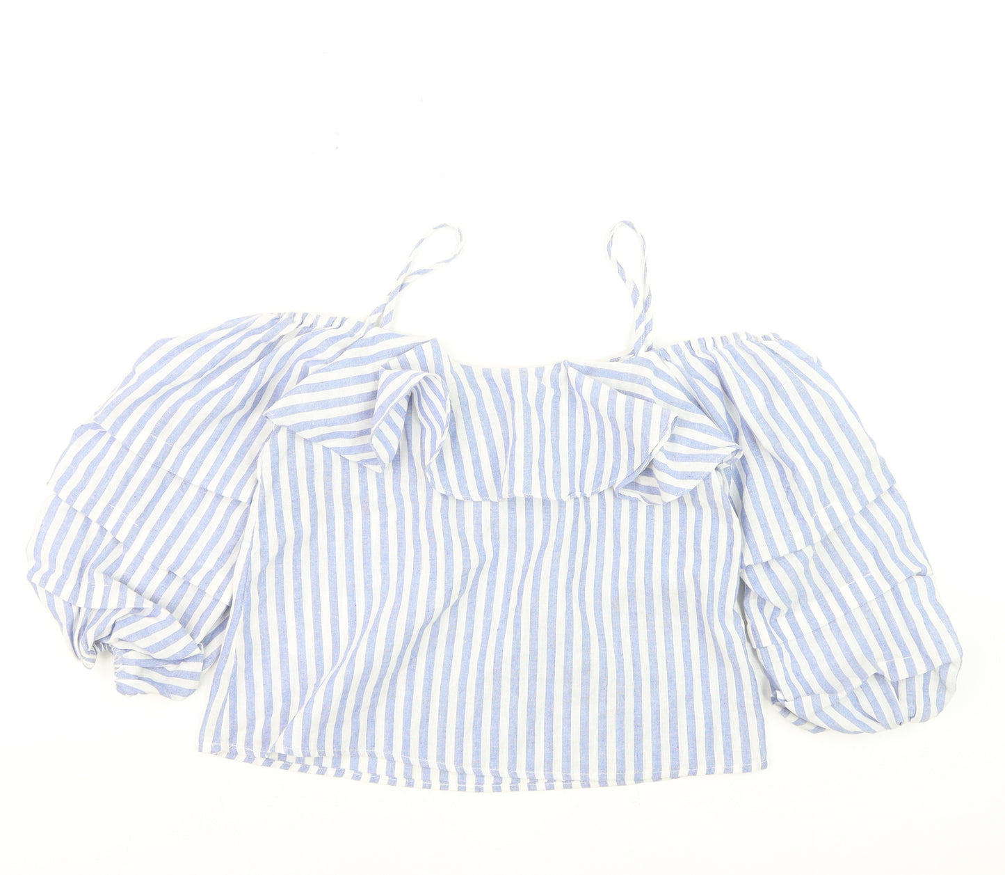 New Look Petite Blue Stripe Off Shoulder Ruffle Blouse Size 10
