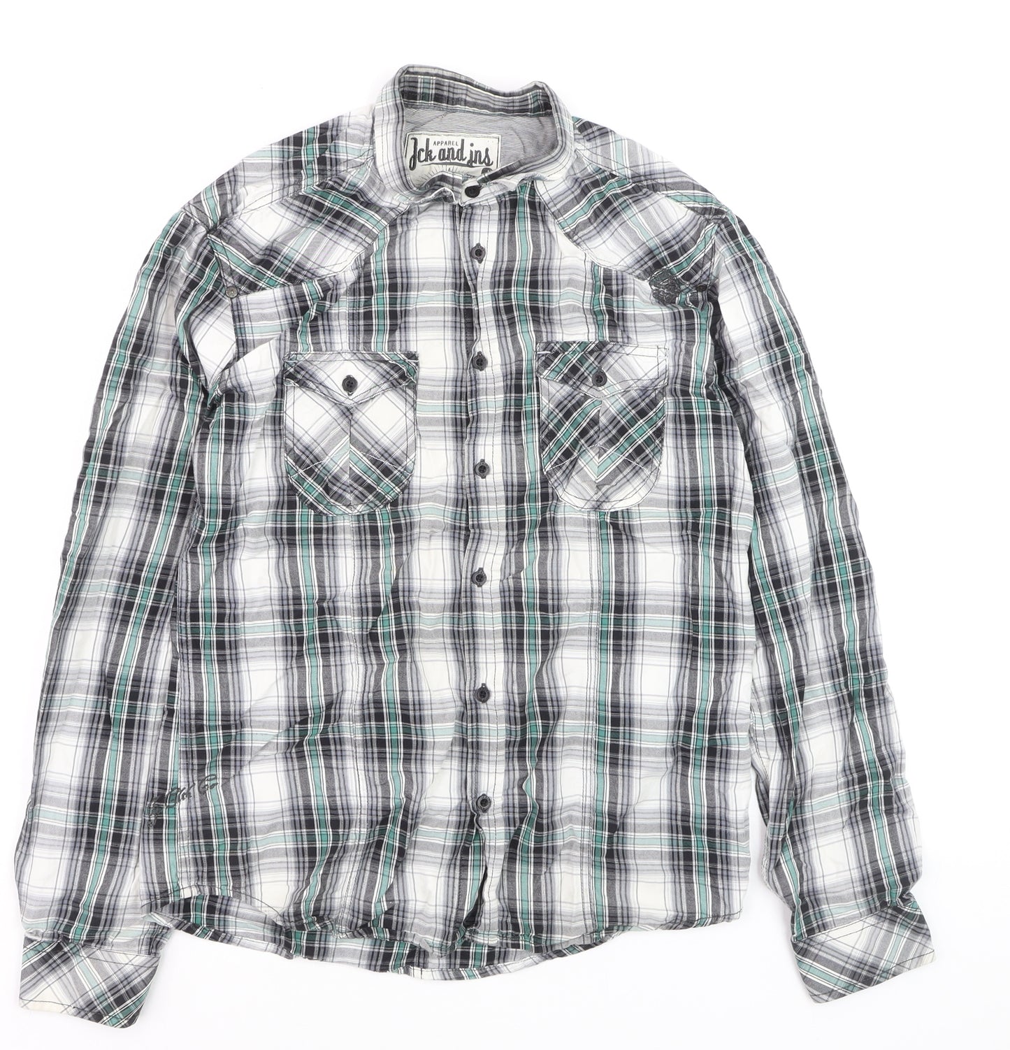 Jack & Jones Men's Green Checked Cotton Long Sleeve Casual Shirt L