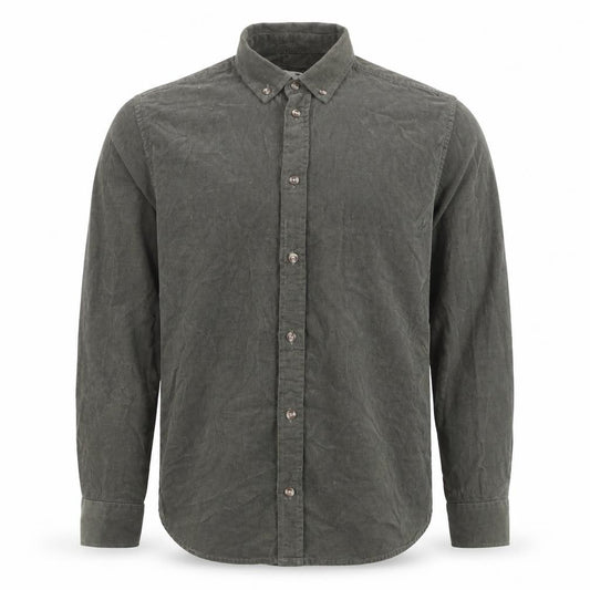 Front view of Anerkjendt Men's Green Corduroy Long Sleeve Button-Down Shirt, size S