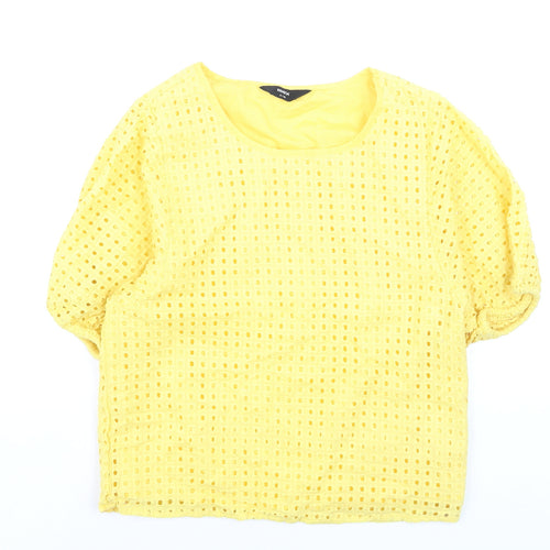 Max Womens Yellow Cotton Blouse Size 10 Short Sleeve Eyelet Top