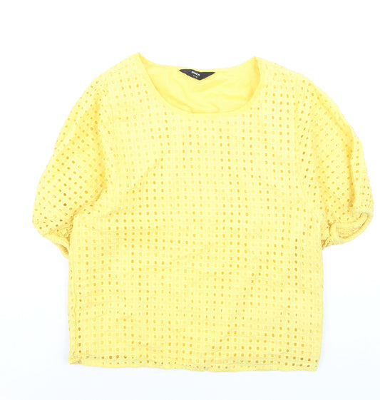 Max Womens Yellow Cotton Blouse Size 10 Short Sleeve Eyelet Top