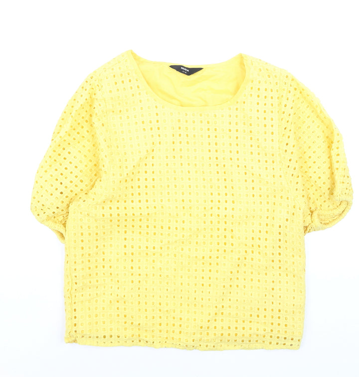 Max Womens Yellow Cotton Blouse Size 10 Short Sleeve Eyelet Top