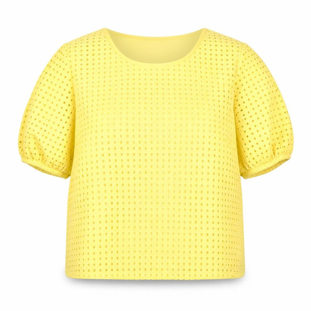 Front view of Max women’s yellow cotton blouse, size UK 10, short sleeve eyelet top