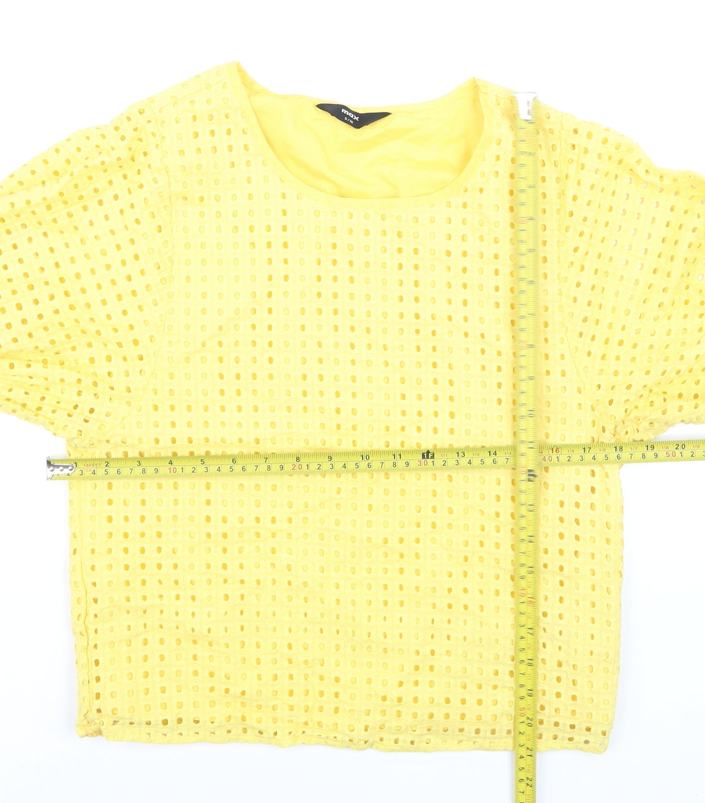 Max Womens Yellow Cotton Blouse Size 10 Short Sleeve Eyelet Top