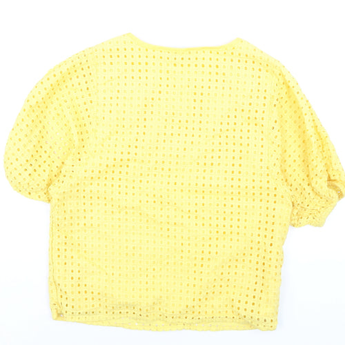 Max Womens Yellow Cotton Blouse Size 10 Short Sleeve Eyelet Top