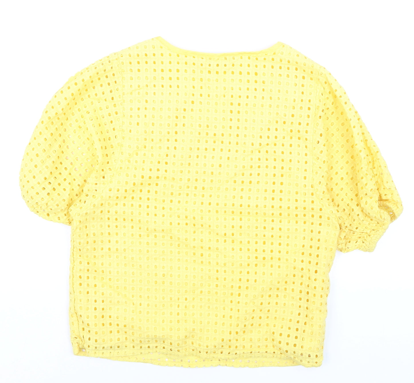 Max Womens Yellow Cotton Blouse Size 10 Short Sleeve Eyelet Top