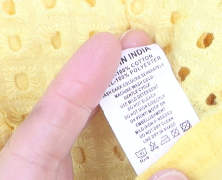 Max Womens Yellow Cotton Blouse Size 10 Short Sleeve Eyelet Top