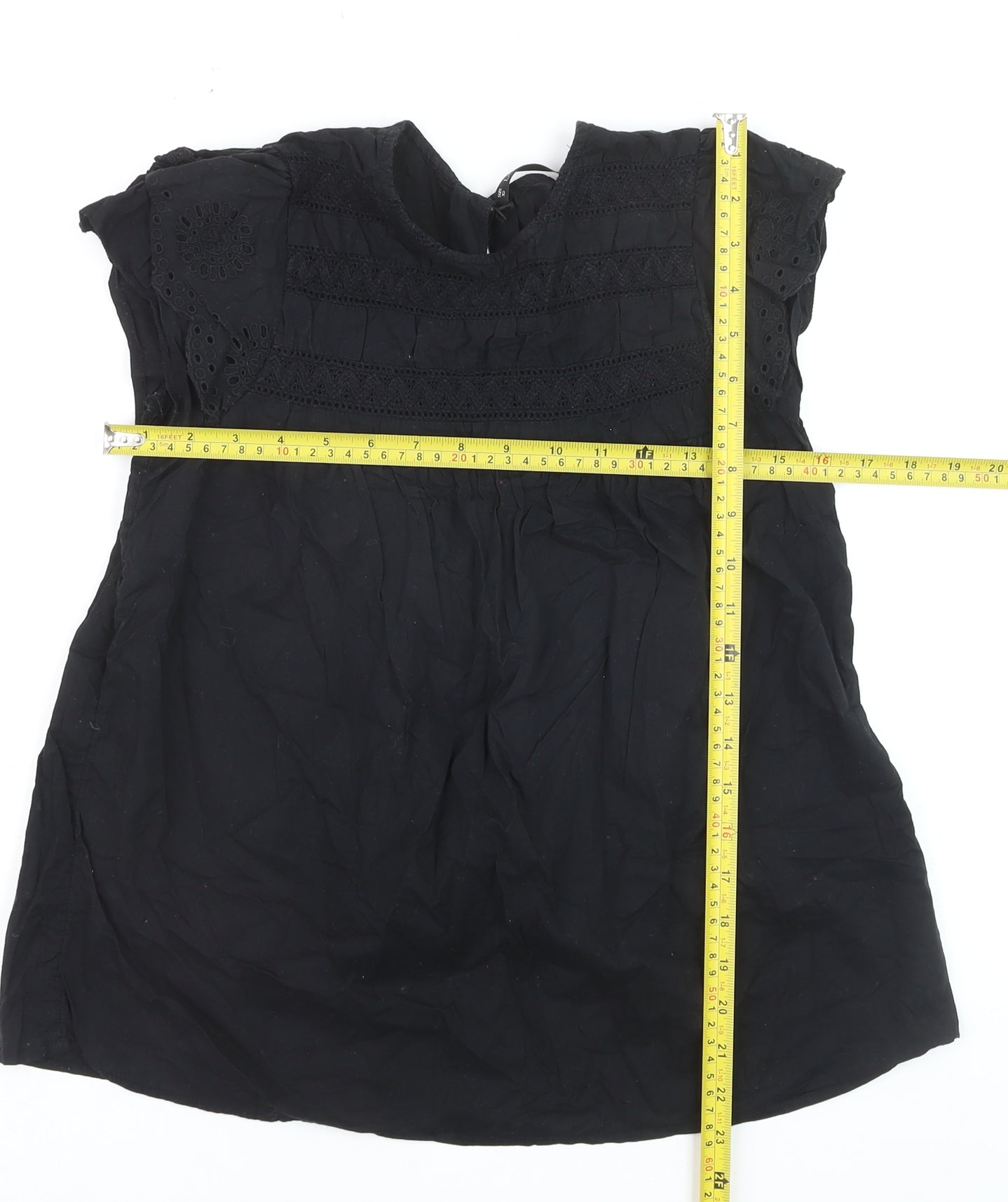 Dunnes Women Black Cotton Lace Detail Short Sleeve Blouse XS