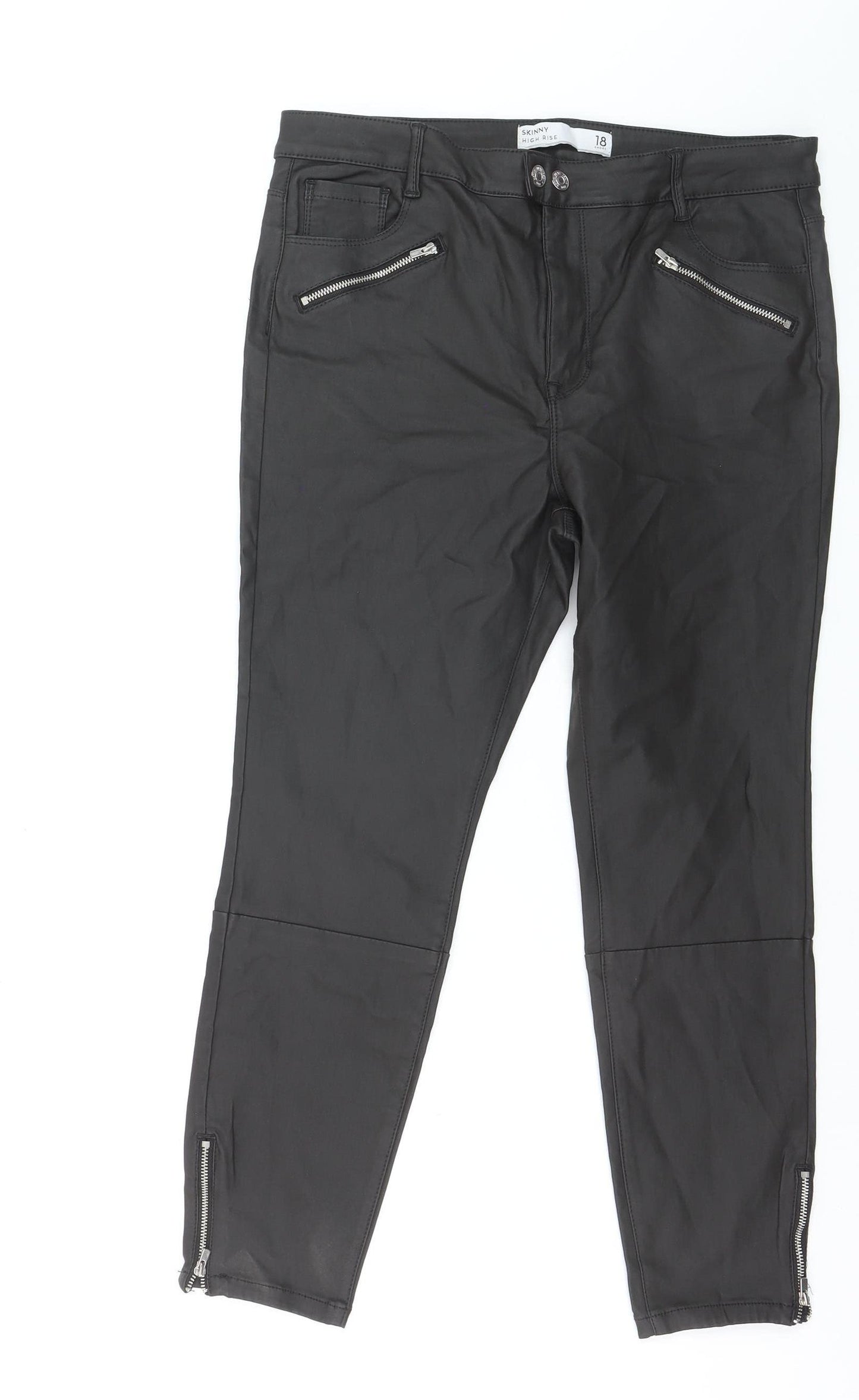 Next Women's Black High Rise Skinny Faux Leather Trousers Size 18 Short