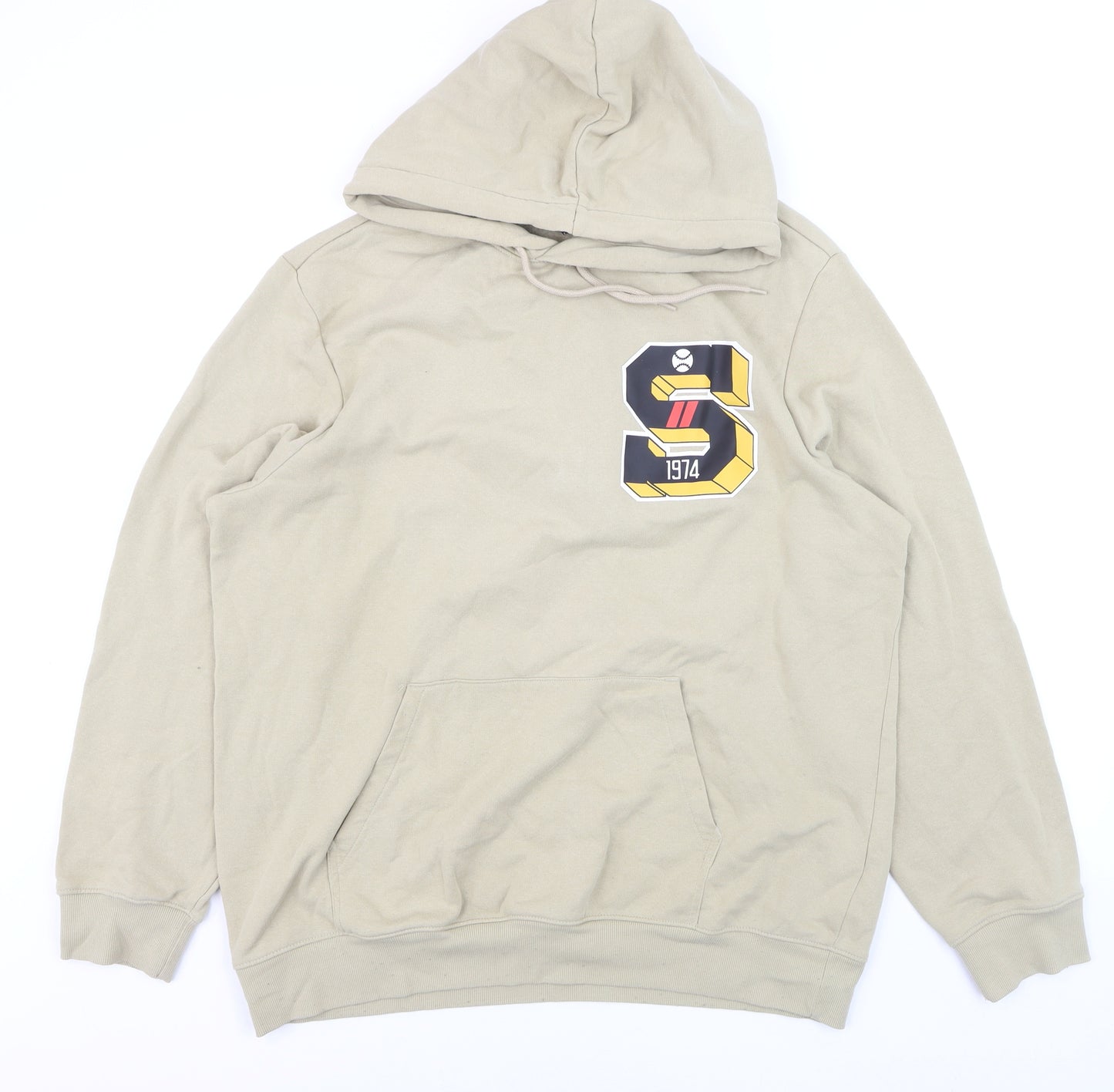 H&M Men’s Beige XL Pullover Hoodie Regular Fit Graphic Print