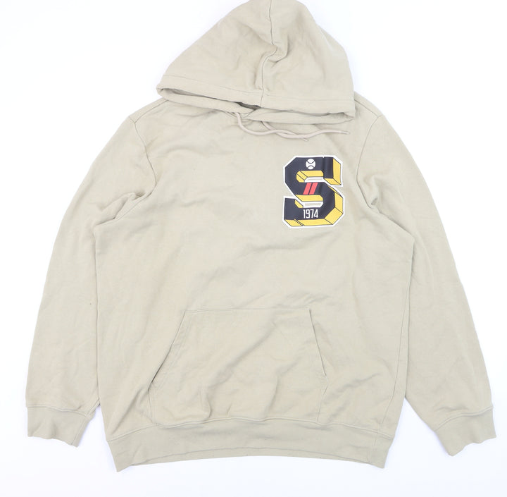 H&M Men’s Beige XL Pullover Hoodie Regular Fit Graphic Print