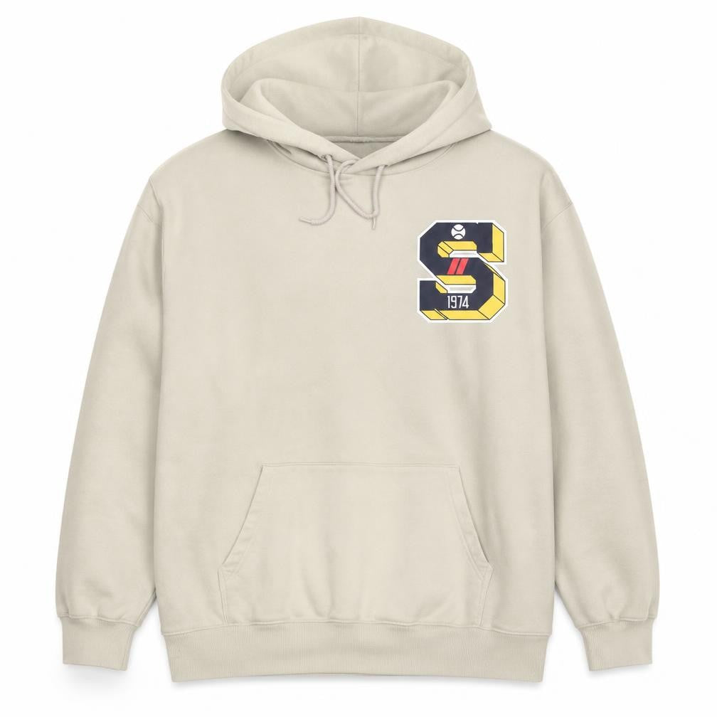 Front view of H&M Men’s Beige XL Pullover Hoodie Regular Fit Graphic Print