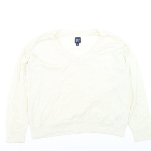 GAP Women Ivory V-Neck Linen Blend Pullover Jumper Size M