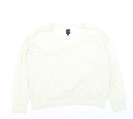 GAP Women Ivory V-Neck Linen Blend Pullover Jumper Size M