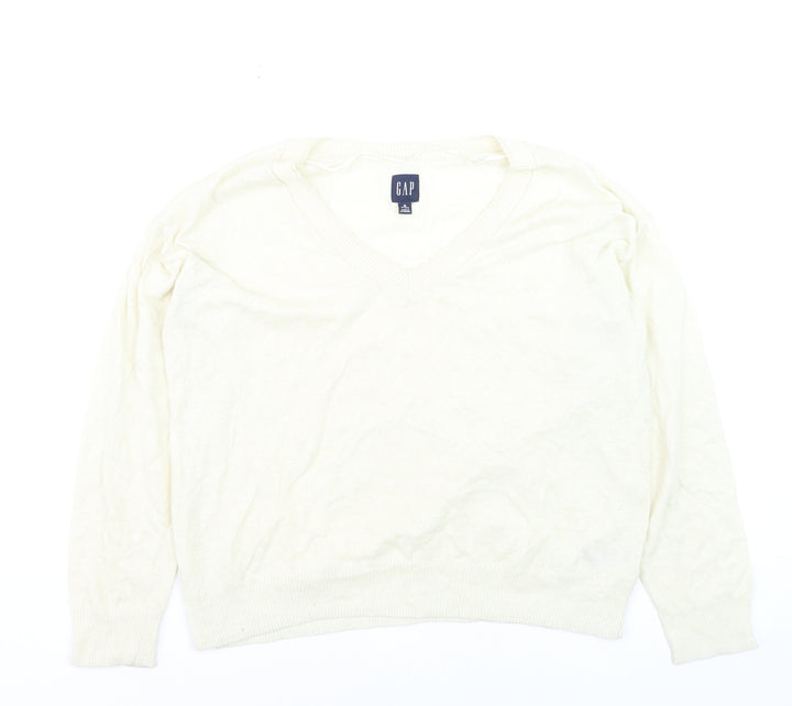 GAP Women Ivory V-Neck Linen Blend Pullover Jumper Size M