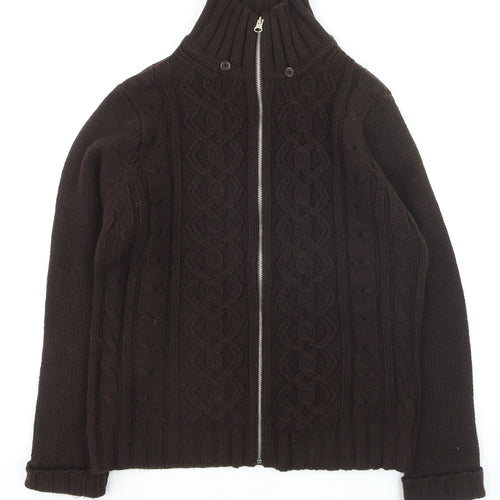 St. Bernard Women Brown Wool Cable Knit Full Zip Jumper M