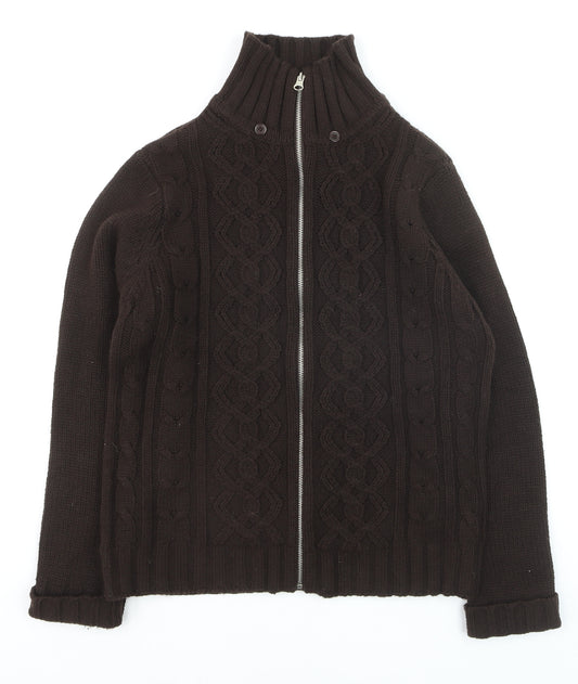 St. Bernard Women Brown Wool Cable Knit Full Zip Jumper M