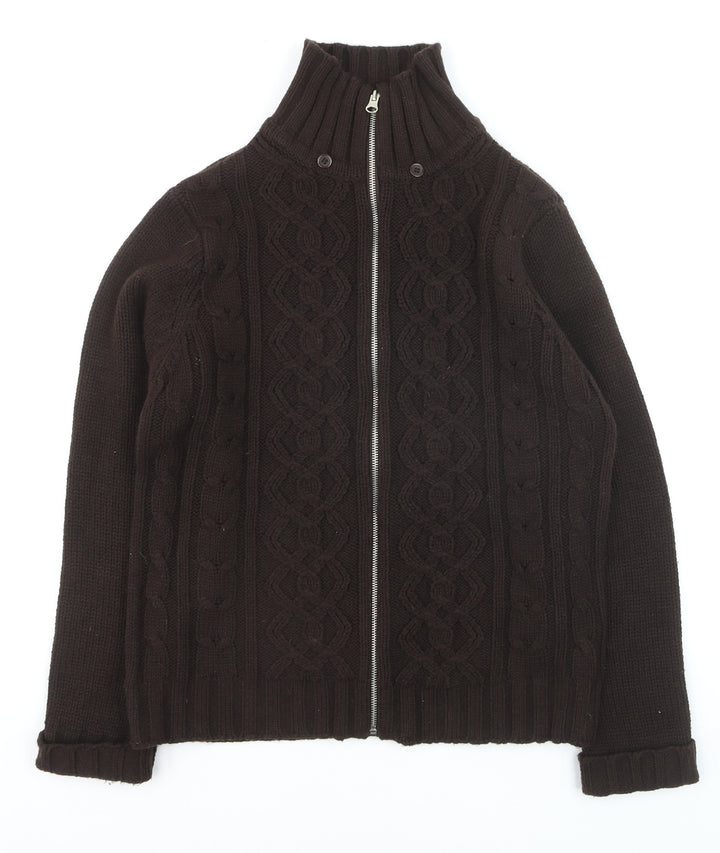 St. Bernard Women Brown Wool Cable Knit Full Zip Jumper M