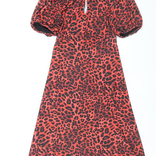 Friends Like These Women’s Red Leopard Print Midi Puff Sleeve A-Line Dress Size 8