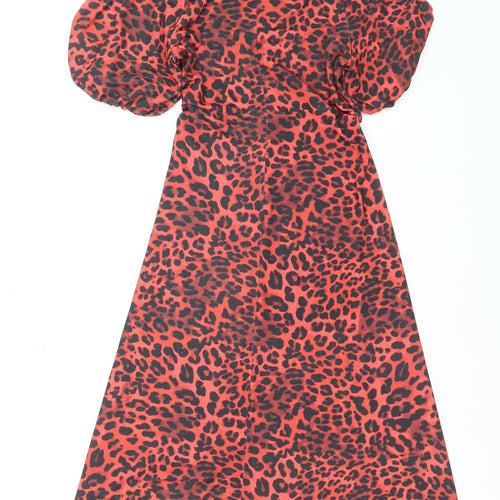 Friends Like These Women’s Red Leopard Print Midi Puff Sleeve A-Line Dress Size 8