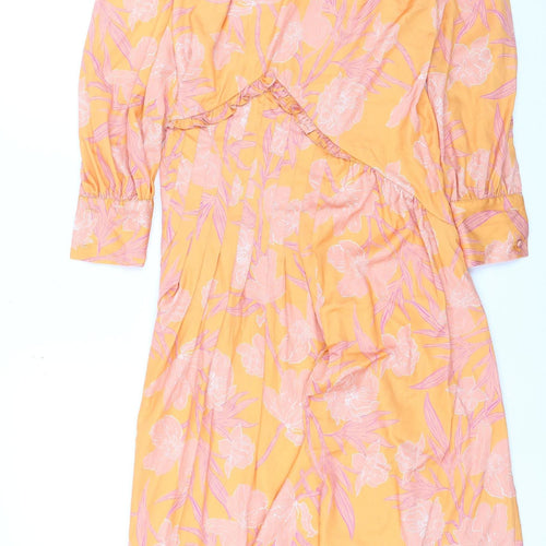 Fórmula Joven Women's Orange Floral Midi Wrap Dress Size 8