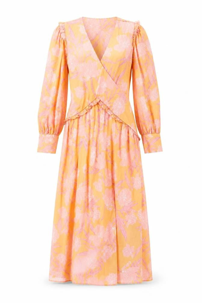 Front view of Fórmula Joven Women's Orange Floral Midi Wrap Dress, size 8