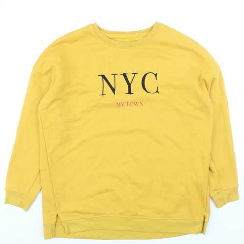 Pull&Bear Women Yellow NYC Crew Neck Pullover Jumper Size 10