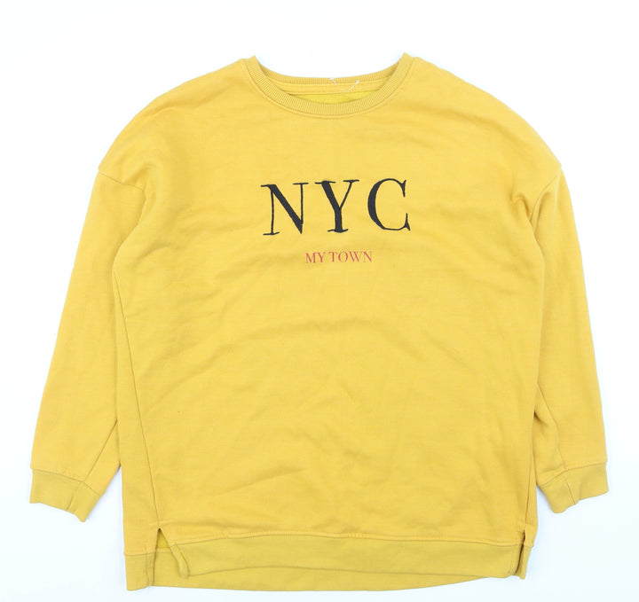 Pull&Bear Women Yellow NYC Crew Neck Pullover Jumper Size 10