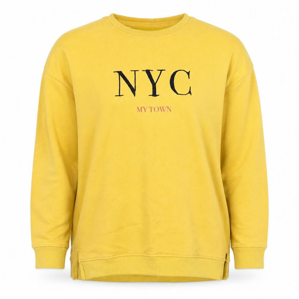 Front view of Pull&Bear Women Yellow NYC Crew Neck jumper, size 10