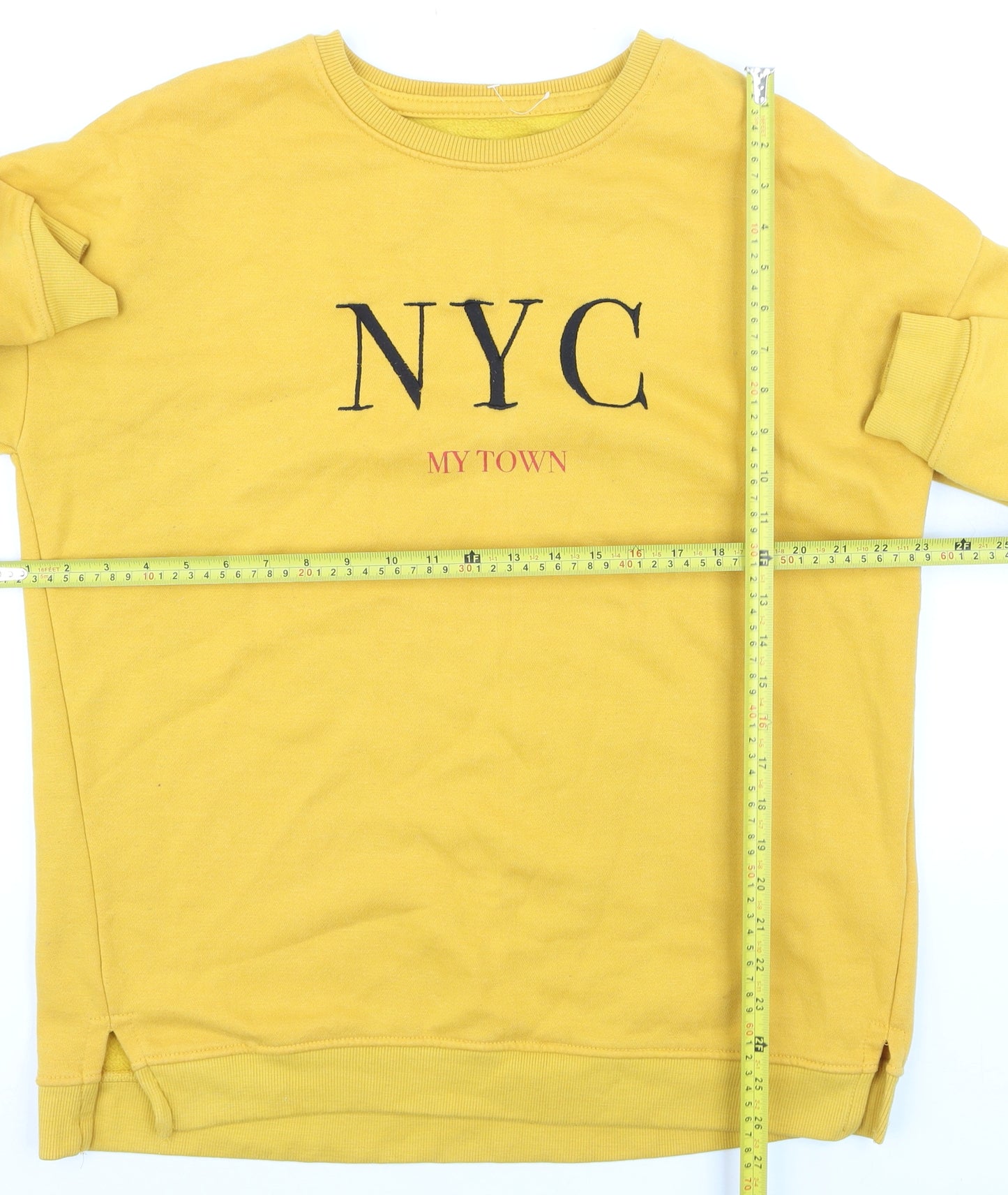 Pull&Bear Women Yellow NYC Crew Neck Pullover Jumper Size 10