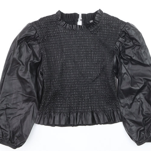 Zara Women Black Faux Leather Puff Sleeve Smocked Blouse Size M