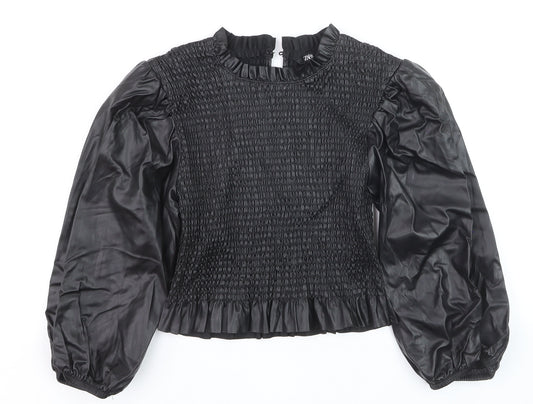 Zara Women Black Faux Leather Puff Sleeve Smocked Blouse Size M