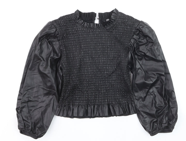 Zara Women Black Faux Leather Puff Sleeve Smocked Blouse Size M