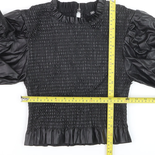 Zara Women Black Faux Leather Puff Sleeve Smocked Blouse Size M