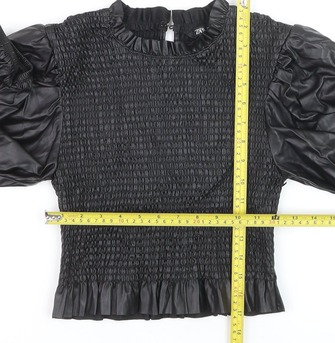 Zara Women Black Faux Leather Puff Sleeve Smocked Blouse Size M
