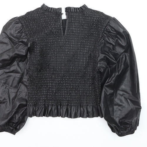 Zara Women Black Faux Leather Puff Sleeve Smocked Blouse Size M