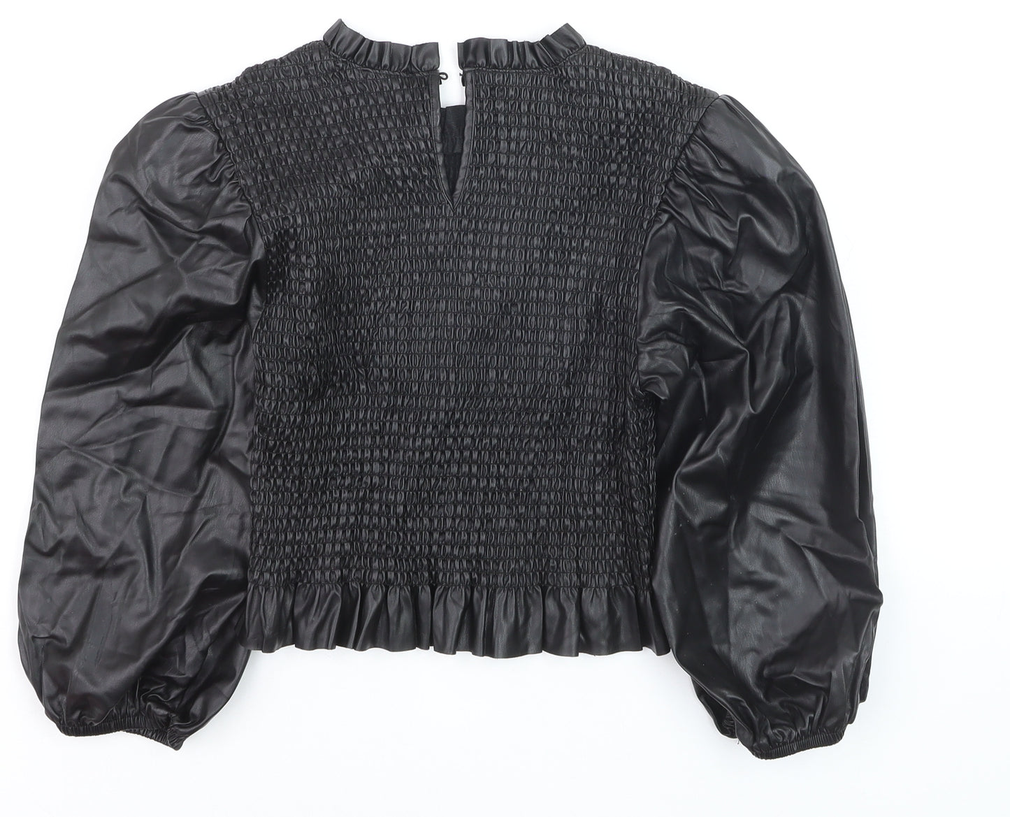 Zara Women Black Faux Leather Puff Sleeve Smocked Blouse Size M
