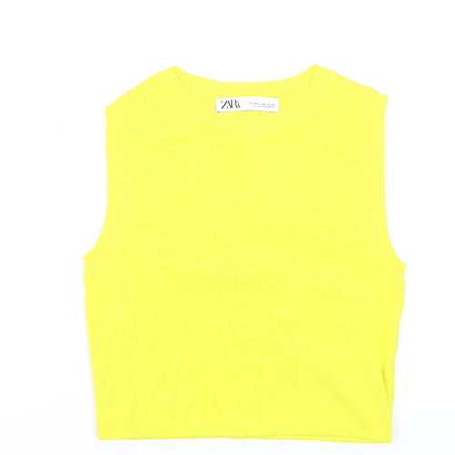 ZARA Women Yellow Cropped Ribbed Tank Top Size 12 Cotton Blend