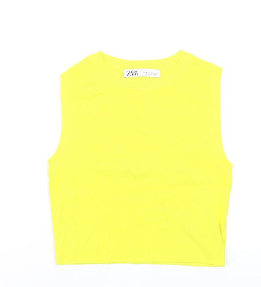 ZARA Women Yellow Cropped Ribbed Tank Top Size 12 Cotton Blend