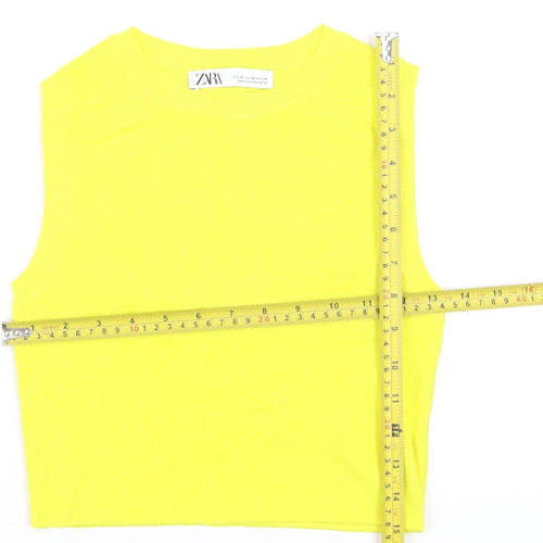 ZARA Women Yellow Cropped Ribbed Tank Top Size 12 Cotton Blend