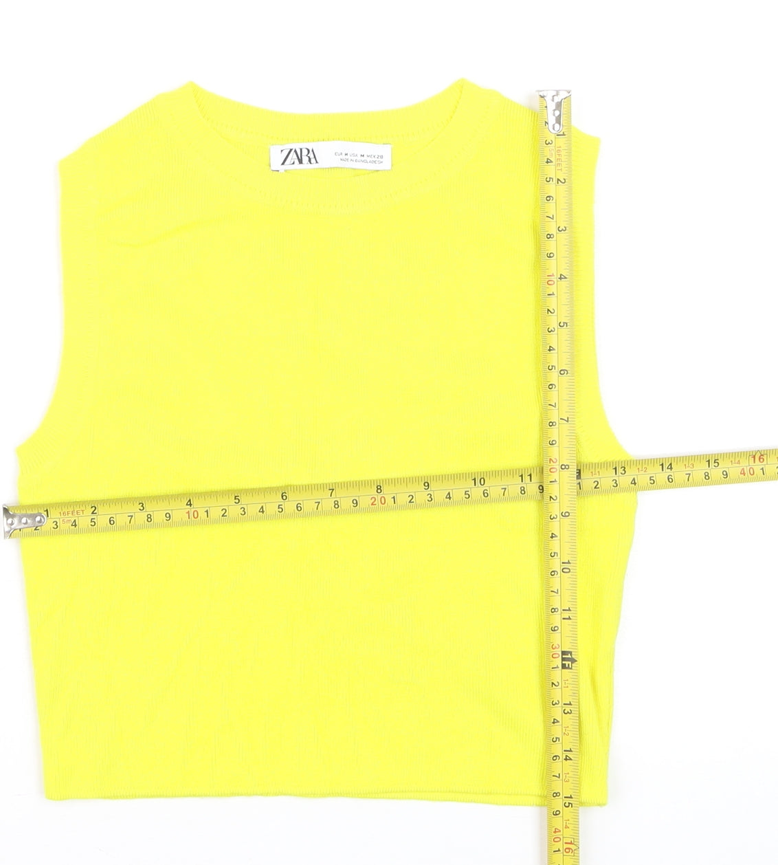 ZARA Women Yellow Cropped Ribbed Tank Top Size 12 Cotton Blend