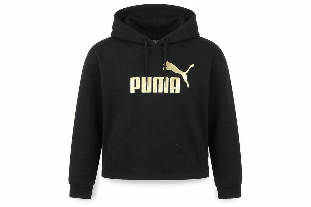 Front view of Puma boys’ black gold logo pullover hoodie, size S